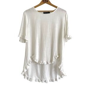 Ruffle Linen Cotton Womens Top Sz M Flowy Coastal Cottagecore Prairie Boho